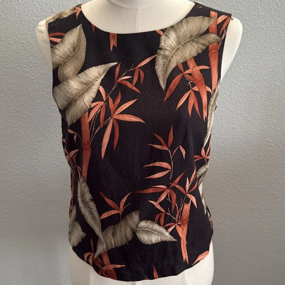 Tommy Bahama Black and Orange Leaf Print Wool and Silk Blend Tank Top Size 6 - Picture 2 of 7